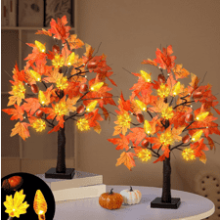 SURCVIO Thanksgiving 24 Inch Prelit Maple Tree Decorations with 48 LEDs Battery Operated Pinecones Acorns Artificial Autumn Maple Tree