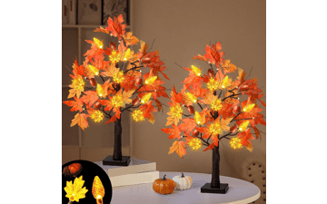 SURCVIO Thanksgiving 24 Inch Prelit Maple Tree Decorations with 48 LEDs Battery Operated Pinecones Acorns Artificial Autumn Maple Tree