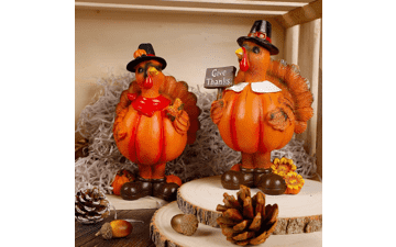 Standing Turkey Couple Thanksgiving Decorations - 2 Pack Resin Turkeys Give Thanks Autumn Fall Tabletop Decor