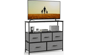 Sweetcrispy Grey Entertainment Center with 5 Fabric, Media Console Table Open Storage Shelf Dresser for Bedroom Living Room Hallway TV Stand with 5 Drawers