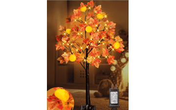 Thanksgiving 4 Feet Prelit Maple Tree Decorations - 8 Modes, 48 LEDs, 6 Pumpkin Lights, Acorns - Artificial Tree for Home Indoor and Outdoor Autumn Harvest Decoration