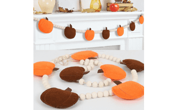 Thanksgiving Decor - Felt Pumpkin Garland and Wood Bead for Home - Indoor Pumpkin Banner for Mantle Wall Decor