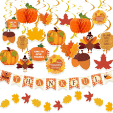 Thanksgiving Decorations - 40PCS Pre-Assembled Banner, Hanging Swirls, Fall Leaves Garland, Honeycomb Pumpkins - Home Fall Decor