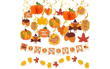 Thanksgiving Decorations - 40PCS Pre-Assembled Banner, Hanging Swirls, Fall Leaves Garland, Honeycomb Pumpkins - Home Fall Decor