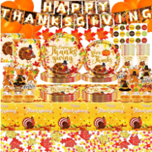 Thanksgiving Decorations Fall Theme Party Supplies - Paper Plates, Napkins, Tablecloth, Balloons, Stickers, Maple Leaves, Cupcake Toppers - Autumn Table Indoor Decor - Serves 24