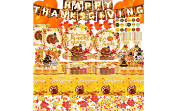 Thanksgiving Decorations Fall Theme Party Supplies - Paper Plates, Napkins, Tablecloth, Balloons, Stickers, Maple Leaves, Cupcake Toppers - Autumn Table Indoor Decor - Serves 24