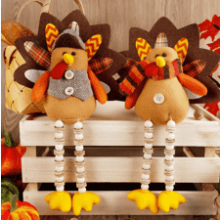 Thanksgiving Decorations Set of 2 Turkeys with Dangling Legs - Mr and Mrs Turkey Couple Plush Tabletop Centerpieces for Fall Harvest Home Kitchen Shelf