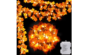 Thanksgiving Home Decor Maple Leaf Garland with Lights - 8 Lighting Modes & Timer, 40LED Battery Operated Waterproof String Lights - Fall Indoor Halloween Friendsgiving Autumn