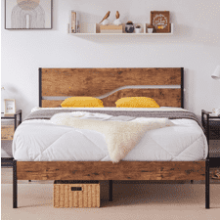 VECELO Full Size Platform Bed Frame with Rustic Vintage Wood Headboard and Strong Metal Slats