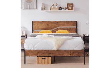 VECELO Full Size Platform Bed Frame with Rustic Vintage Wood Headboard and Strong Metal Slats