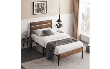 VECELO Platform Twin Bed Frame with Vintage Wood Headboard and Footboard, Mattress Foundation, Metal Slats Support