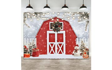 Winter Barn Photo Backdrop - Christmas Red Barn Fence Snow Scenery - Photography Background for Family - Snowflake Snowman Xmas Trees Party Decorations