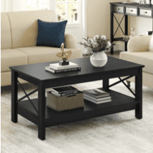 YITAHOME Modern Industrial Coffee Table with Storage, 2-Tier Thicker Legs, X-Shaped Wood Accent Cocktail Center Table, Black