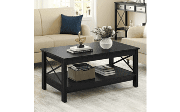 YITAHOME Modern Industrial Coffee Table with Storage, 2-Tier Thicker Legs, X-Shaped Wood Accent Cocktail Center Table, Black