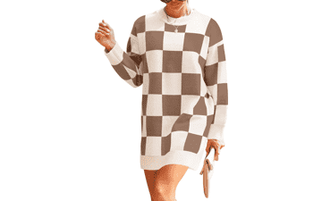 ZESICA Women's Long Sleeve Tunic Sweater Dress - Plaid Knit Oversized Pullover