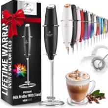 Zulay Powerful Milk Frother Handheld Foam Maker for Lattes - Whisk Drink Mixer for Coffee, Cappuccino, Frappe, Matcha, Hot Chocolate (Black)