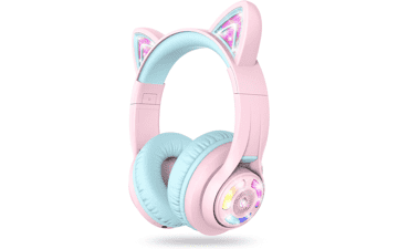 iClever Cat Ear Kids Bluetooth Headphones, LED Lights, Volume Limited, 50H Playtime, Bluetooth 5.2, AUX Cable, USB C, BTH13 Kids Headphones Wireless Over Ear, Pink