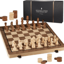 15" Wooden Chess Sets - Chess & Checkers Board Game with 2 Extra Queens