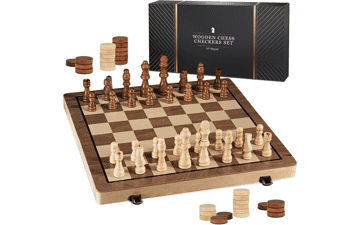 15" Wooden Chess Sets - Chess & Checkers Board Game with 2 Extra Queens