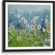 3D Print Hand Painted Canvas Painting Palette Knife Wall Art Daisies Field White Flowers Blue Green Scenery