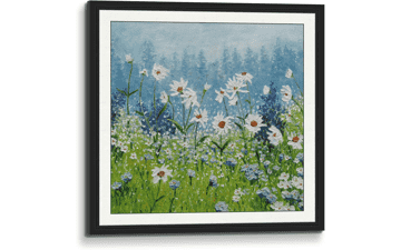 3D Print Hand Painted Canvas Painting Palette Knife Wall Art Daisies Field White Flowers Blue Green Scenery