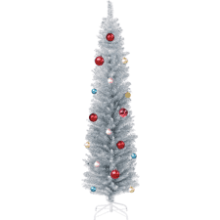 6 ft Silver Tinsel Pencil Christmas Tree with 24ct Ornament Set & Metal Stand