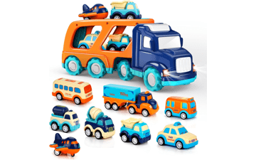 9 Pack Cars Toys for Toddlers Boys & Girls, Big Transport Truck with 8 Small Pull Back Trucks, Carrier Truck with Sound & Light