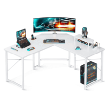 AODK 51 Inch L Shaped Gaming Desk with Monitor Stand - Home Office PC Corner Desk Table - Sturdy Writing Workstation - Carbon Fiber Surface - White