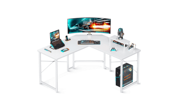 AODK 51 Inch L Shaped Gaming Desk with Monitor Stand - Home Office PC Corner Desk Table - Sturdy Writing Workstation - Carbon Fiber Surface - White