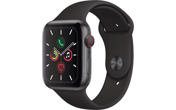 Apple Watch Series 5 GPS + Cellular 44MM Space Gray Aluminum Case with Black Sport Band Renewed