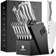 BRODARK Kitchen Knife Set with Block, 15-Piece Stainless Steel Knife Set, Built-in Sharpener, NSF Certified, Shark Series