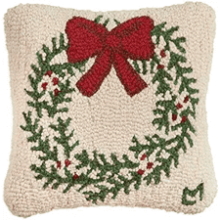 Chandler 4 Corners Artist-Designed Wreath Hand-Hooked Wool Christmas Throw Pillow (14” x 14”)