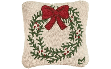 Chandler 4 Corners Artist-Designed Wreath Hand-Hooked Wool Christmas Throw Pillow (14” x 14”)