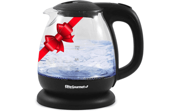 Elite Gourmet Electric Glass Kettle - BPA-Free, 1100W, Cordless 360° Base, Blue LED Interior, Auto Shut-Off - Boil Water for Tea & More