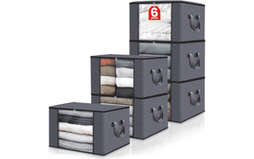 Fab Totes 6 Pack Clothes Storage Bags, Foldable Blanket Containers for Bedroom Closet, Grey