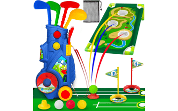 GMAOPHY Kids Golf Club Set, Indoor Outdoor Sports Toys, Ages 2-6, Toddler Golf Set with Golf Board, Putting Mat, 8 Balls, 4 Golf Clubs, Golf Cart