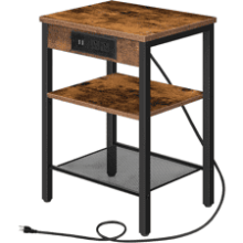 HOOBRO Rustic Brown End Table with Charging Station, USB Ports, 3-Tier Nightstand, Adjustable Shelf - Small Space Furniture for Living Room, Bedroom, Balcony