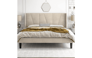 HOOMIC Queen Size Bed Frame with Geometric Wingback Headboard, Beige