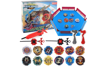 JIMI Bey Battling Top Blade Launcher Stadium Metal Fusion Set - 12 Burst Spinning Tops, 3 Launchers, Grip, Arena Combat Game - Toy Gift for Kids Boys Ages 6-12