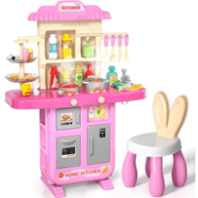 Kids Kitchen Playset for Girls, Pretend Play Food Toy with Chair, Ages 3-8, Kitchen Accessories Set with Light Sound Spray