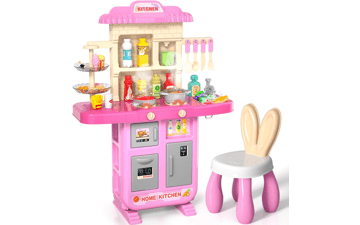 Kids Kitchen Playset for Girls, Pretend Play Food Toy with Chair, Ages 3-8, Kitchen Accessories Set with Light Sound Spray