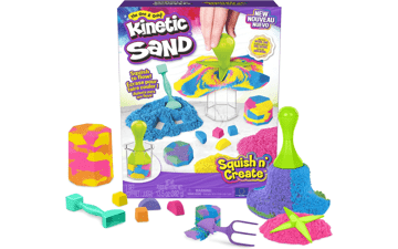 Kinetic Sand Squish N' Create Playset - 13.5oz Blue, Yellow & Pink Play Sand with 5 Tools - Stocking Stuffers for Kids