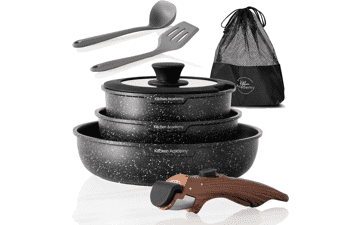 Kitchen Academy 10 Piece Non-stick Cookware Set - Detachable Handle, Black Granite Stackable RV Cookware for Camp