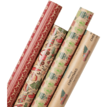 Kraft Christmas Wrapping Paper Set - 4 Rolls - 30 in x 10 ft Per Roll, Reindeer Truck Stockings Gloves Tree Design