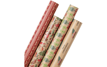 Kraft Christmas Wrapping Paper Set - 4 Rolls - 30 in x 10 ft Per Roll, Reindeer Truck Stockings Gloves Tree Design