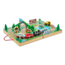 Melissa & Doug Wooden Take-Along Tabletop Railroad - 17-Piece Set with 3 Trains, Truck, Play Pieces, and Bridge - Train Sets for Kids Ages 3+