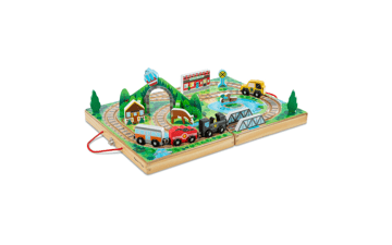 Melissa & Doug Wooden Take-Along Tabletop Railroad - 17-Piece Set with 3 Trains, Truck, Play Pieces, and Bridge - Train Sets for Kids Ages 3+