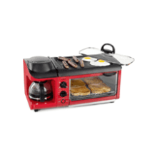 Nostalgia 3-in-1 Breakfast Station - Coffee Maker, Griddle, Toaster Oven - Versatile with Timer - Red