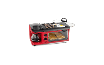 Nostalgia 3-in-1 Breakfast Station - Coffee Maker, Griddle, Toaster Oven - Versatile with Timer - Red