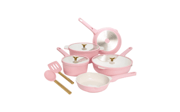 Paris Hilton Ceramic Nonstick Cookware Set, Gold Heart Knobs, Stay-Cool Handles, 10-Piece, Pink